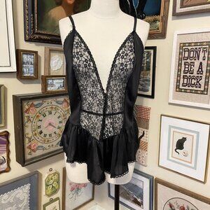 80s Vintage Sheer Black Lace & Satin Babydoll Lingerie Top Size 12